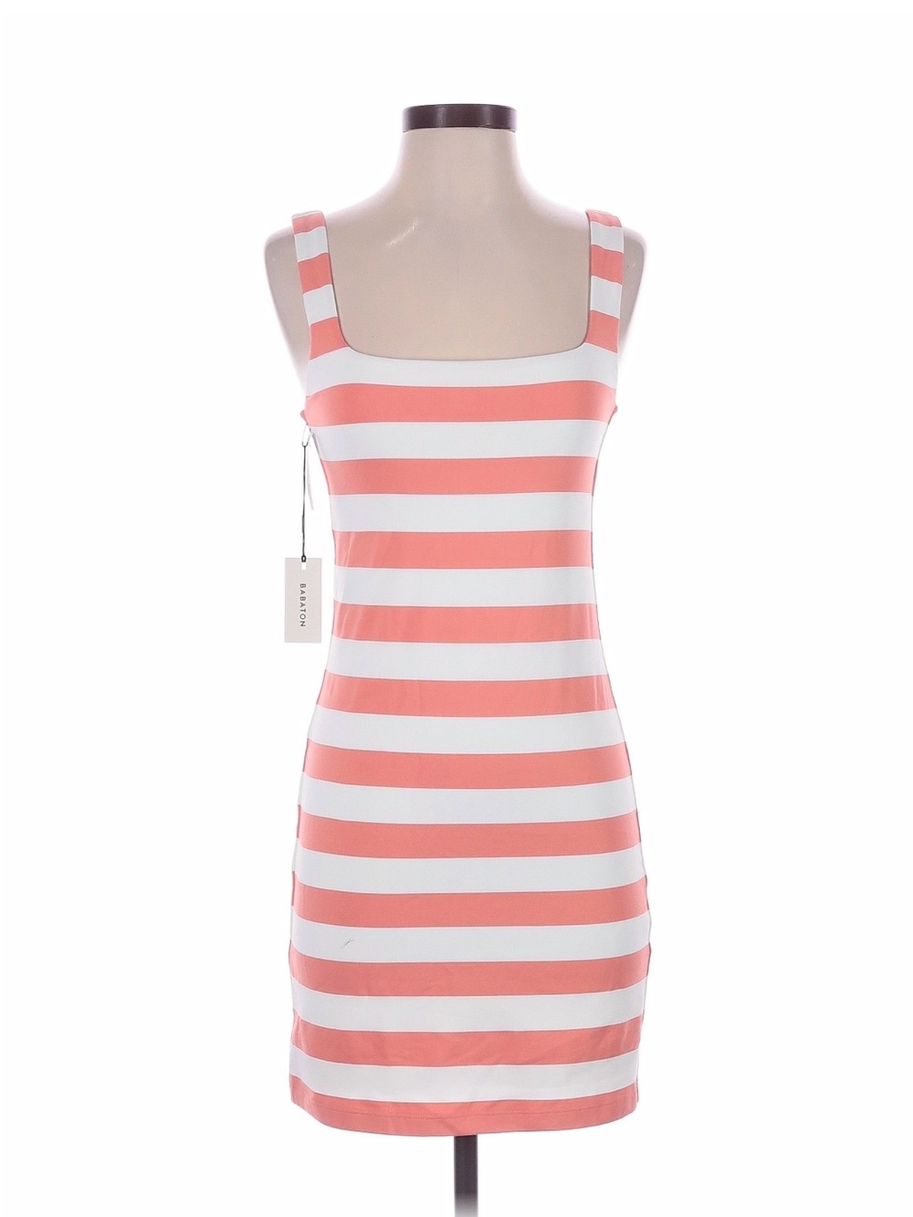 Aritzia Coral & White Striped Square-Neck Mini Dress